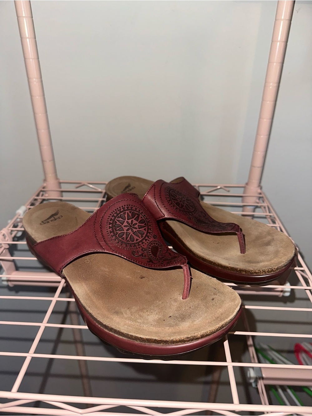 Dansko Women's Red Leather Thong Sandals with Decorative Medallion